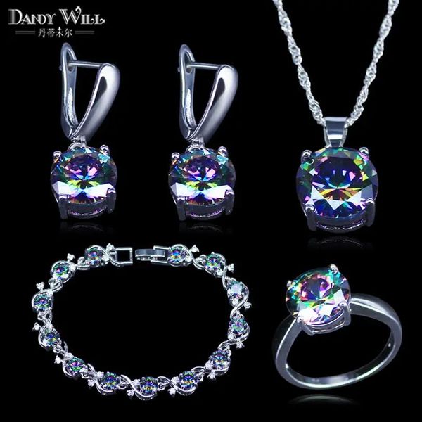 Casos Mystic Rainbow Cubic Zirconia Sier Color juegos de joyas para mujer collar de boda/pendientes/colgante/anillo/