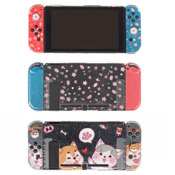 Cas Sakura Cat Paw Glitter Couvre de protection du boîtier dur Bling Shell pour Nintend Switch NS Joycon Crystal Protector + 2 Gun Stick Grip