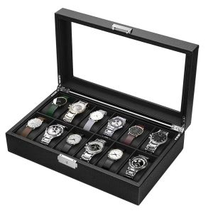 Cases Watch Box, 12/10/6 Slot Watch Box Organizer voor mannen, bekijk de display met glas bedekt met cadeaubedrijf (koolstofvezel leer)