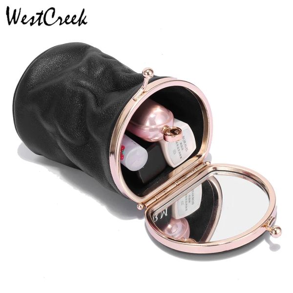 Caisses Westcreek Brand Cylinder mini sac cosmétique Sacs à lèvres en cuir authentique avec mignon sac de maquillage mignon