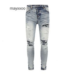 Cashew amiirii paarse jeans heren mode Jean 2024 demin knie bloem patch licht blauw slank fit ghrt