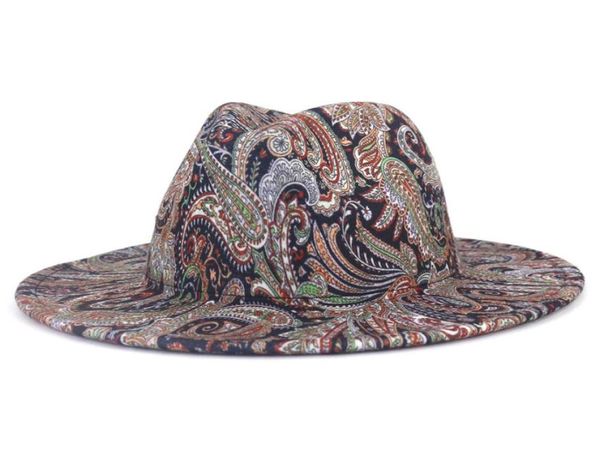 Cashew Flower Digital Impresión Jazz Fedora Sombreros anchos Hatriz de borde para mujeres Fascinador de la marca de diseñador de lujo FIENTE PANAMA CAP7584297