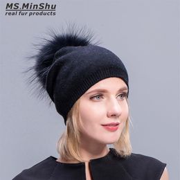 Chapeaux en cachemire pour femmes, bonnets à pompon en fourrure, casquettes chaudes avec pompon en vraie fourrure de raton laveur, chapeau à pompon pour adultes 249j