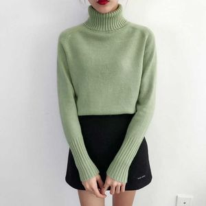 Pull tricoté en cachemire à col roulé pour femme, vêtement coréen à manches longues, vert, collection automne-hiver 2021