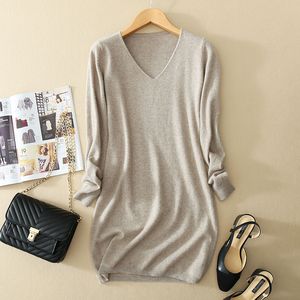 Kasjmier lange versie vrouwen truien en truien tops pull femme hiver jumper sexy v-hals mini gebreide trui jurk