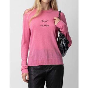 Kasjmier trui 23AW zadig voltaire Dames Designer Mode Klassieke Hoodies Nieuwe zadigs Klassiek Letterborduurwerk 100% Wol Dunne stijl Gebreide dame Roze Rood polo