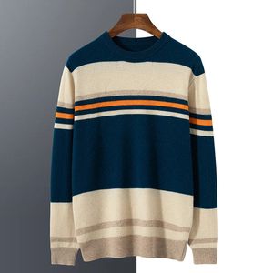 Suéter de cachemira de otoño e invierno para hombre, jersey de bloque de Color grueso con cuello redondo, Top de punto informal de negocios, suéter grande 240123