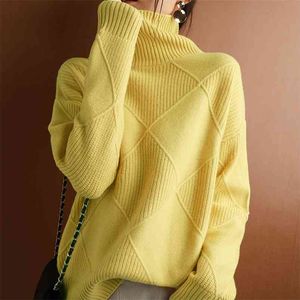 Suéter de Cachemira para mujer, jersey de punto de color puro con cuello alto, 100% de lana, suelto, de gran tamaño, 210903