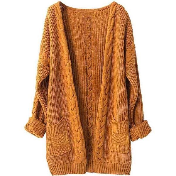 Pull en cachemire Femmes Laine Automne hiver épais chaude chaude tendre câble vintage surdimensionné long cardigan 210914