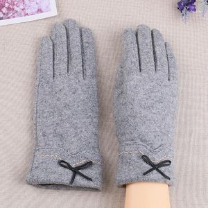 Guantes de pantalla táctil de lana de Cachemira para mujer, guantes de conducción decorados con lazo completo de Color sólido para mujer, mitones simples1