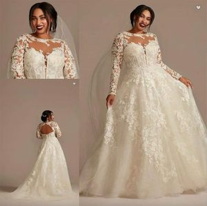 Cassini Lace Oleg Illusion à manches longues et à taille plus taille Robes de mariée 2023 Perce Oer Applique Floral Puffy Jirt Princess Bridal Robes