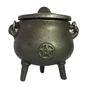 Caldero de hierro fundido con mango de tapa, olla de bruja, quema de incienso para hechizos, manchas, bendiciones rituales, portavelas 211101