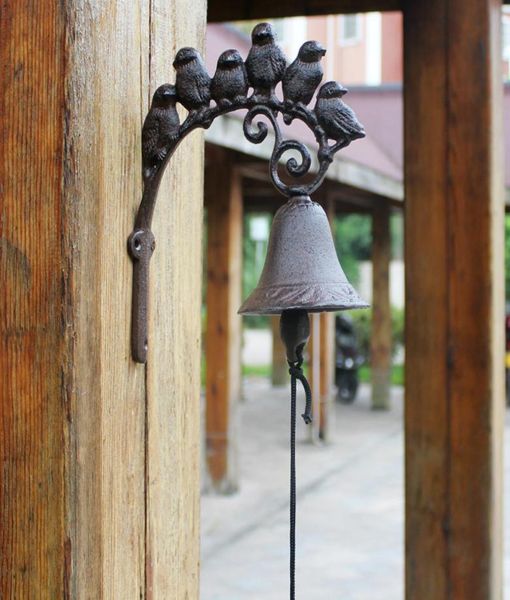 Cloche de dîner de bienvenue en fonte décorative, 6 oiseaux sur branche, fixation murale marron, porche de jardin suspendu, porte de patio, sonnette de porte rétro 8021615