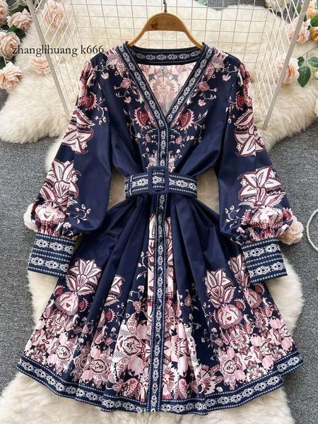 Casual 2023 2024 Robes mode Paisley Flower Robe Women's V's Neck Long Lantern Sleeve Floral Print Boutons Down Sashs Short Mini Vestidos Estidos