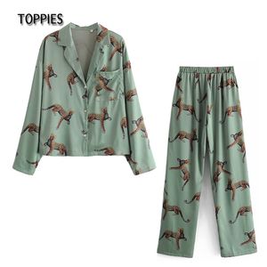 Casual Dier Afdrukken Nachtkleding Dames Zomer Pyjama Luipaard Tweedelige Set Shirts met lange mouwen en broek 210421