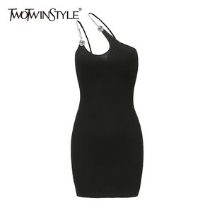Vestido negro asimétrico casual para mujeres cuello diagonal sin mangas cintura alta mini vestidos femenino verano 210520