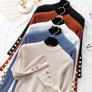 casual herfst winter vrouwen dikke trui truien lange mouw knop O-hals chic trui vrouwelijke slanke brei top zachte jumper tops 211011