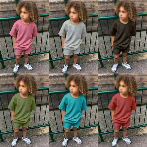 Casual bébé garçon vêtements ensembles couleur unie enfant en bas âge fille tenues coton à manches courtes hauts Shorts été nouveau-né vêtements S2008