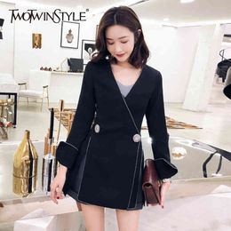 Casual Black Blazer voor Dames V-hals Lange Mouwen Side Split Koreaanse Slanke Blazers Vrouwtjes Lente Mode Stijlvol 210524