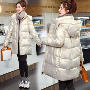 Casual Zwart Glanzend Winterjas Vrouwen Nieuwe Solid Lange Capuchon Parka Kleding Puffer Bubble Jasje Vrouwelijke Uitloper 201110