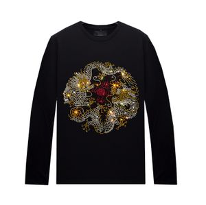 Casual zwart t-shirt met strass ontwerpen lange mouwen voor mannen vrouwen - lente herfst ronde hals tops streetwear shirts Unisex