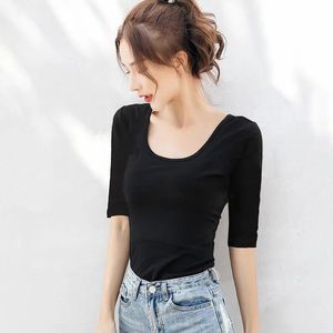 Tshirt décontracté blanc Midsleeve pour femmes coréen skinny skinny backless tops femelle Sumy Sexy Cotton Primer Shirt 240416