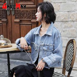 Veste en jean bleu décontracté avec perles perles petit ami Femme automne Streetwear vestes pour femmes Vintage Femme 210428