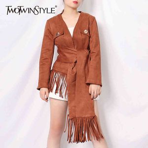 Casquía casual de chaqueta marrón para mujeres V Cuello de manga larga Tassel Gran tamaño, ropa femenina, otoño 210524