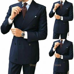 Casual Busin azul marino trajes para hombre Slim Fit 2 piezas chaqueta pantalones conjunto para novio boda esmoquin ropa Formal de oficina traje Homme N382 #