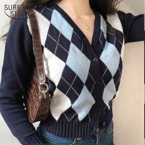 Casual Cardigan Dames Truien Plaid Vintage V-hals met lange mouwen gebreide trui vrouwen korte winter kleding trek femme 11637 210415