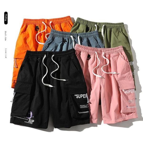 Pantalones cortos de hombre Casual Cargo hombres verano 2021 moda hombre corto Jogger Streetwear negro rosa cintura elástica cordón Bermudas Masculina