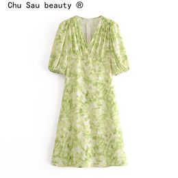 Casual chique groene das-geverfd print zomer vrouwen midi jurk vakantie stijl diepe v-hals korte mouw jurken vrouwelijke vestidos 210508