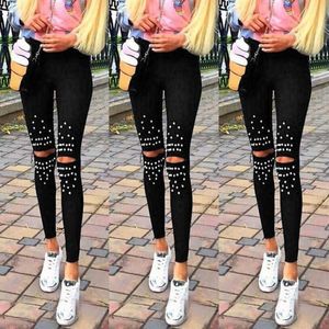 Casual Chique Leggings Knie gat Leggings Trendy Stretch Cut Gaten Kralen Decoratie Dame Broek Skinny Hoge Taille Leggings 210929