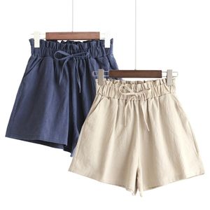 Casual katoen linnen vrouwen shorts solide losse hoge taille pocekt wide poot zomerbroek korte broek W9283 Q0801