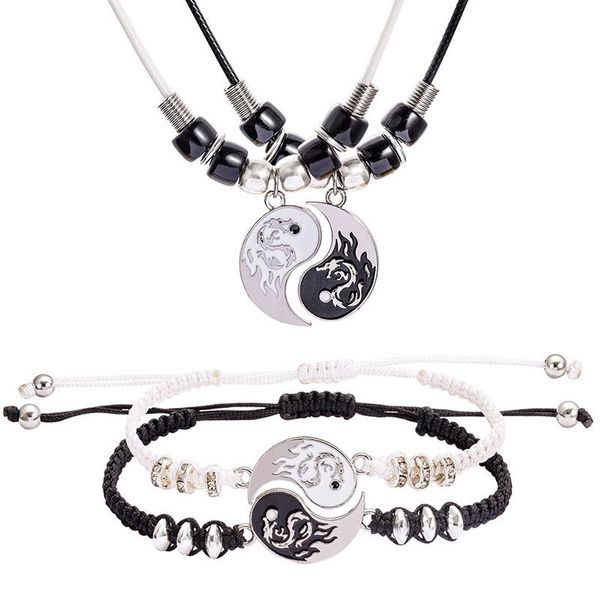 Collier avec pendentifs appariés pour Couples, décontracté, pour femmes et hommes, Tai Chi Yin Yang, chaîne en cuir, blanc et noir, colliers d'amitié, bijoux