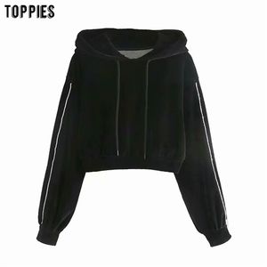 Casual bijgesneden hoodies vrouw sweatshirts Vintage zwarte fluwelen truien vrouwelijke jumpers tops 210421