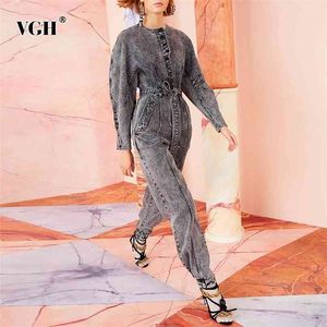 Casual denim jumpsuit voor vrouwen o hals lange mouw hoge taille lace up strik minimalistische jumpsuits vrouwelijke mode stijl 210531