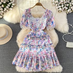 Casual designer mode zomer mesh bloem patchwork ruches chiffon jurk dames vierkante kraag korte mouw print vakantie cake jurken