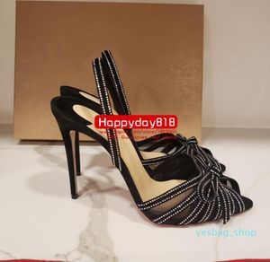 Sandalias de verano sexis de diseñador informal a la moda para mujer, zapatos de tacón alto de 12cm de cuero con cristales de gamuza negra, zapatos de tacón de aguja para mujer