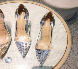 Casual ontwerper Sexy Lady Fashion Women Pumps Gold Clear PVC Spikes Point Toe High Heel Shoes 10cm stiletto hakken trouwschoenen9555708