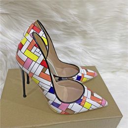 Casual Designer Sexy Lady Mode Femmes Chaussures Multicolore Imprimé En Cuir Verni Pointy Toe Stiletto Stripper Talons Hauts Zapatos Mujer Prom Evening pompes taille 44