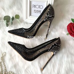 Diseñador casual sexy dama moda mujer zapatos Negro cristal malla punta punta tacones altos stiletto stripper novia boda bombas 10 cm 8 cm