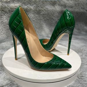 Casual Designer Sexy Dame Mode Vrouwen Schoenen Groen Patent Leer Gedrukte Pointy Teen Stiletto Stripper Hoge Hakken Zapatos Mujer Prom Avond Pumps 12cm