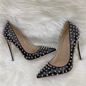Casual Designer Sexy Lady Mode Femmes Chaussures Noir En Cuir Verni Spikes Pointy Toe Stiletto Stripper Talons Hauts Zapatos Mujer Prom Evening pompes taille 44 12cm