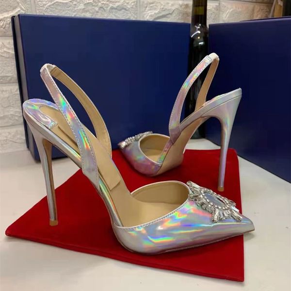 Casual Designer Sexy Lady Mode Femmes Chaussures Argent Cuir Cristal Strass Bout Pointu Stiletto Stripper Talons Hauts Bal Soirée Pompes Grande Taille 44 12cm