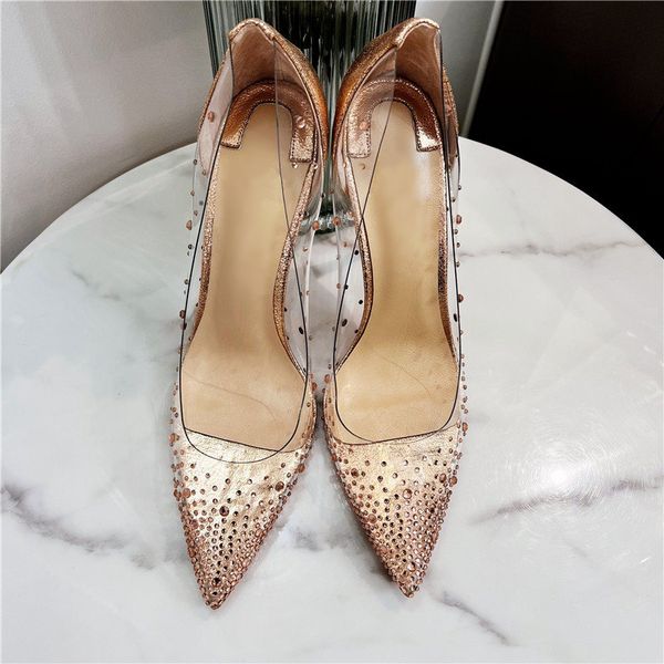 Casual Designer sexy lady mode femmes chaussures Gold Glitter Strass Crystal Pvc bout pointu stiletto strip-teaseuse Talons hauts Prom Evening pompes grande taille 44 12cm