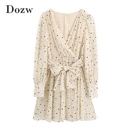 Casual dot jurk v-hals elegante mini lange mouw bandage geplooide chiffon vrouwen zomer herfst vestidos mujer 210515