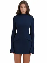 Casual Dres elegante azul oscuro sólido Mini Mini Dr Women Fi con bolsillo LG Manga Bodyc Chic Party Club Renuncias N2LM#