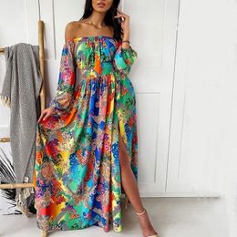 Vrijetijdsjurk flokcloset zomer maxi-jurk met bohemienprint 2023 lijnhalsontwerp lange feestjurk met lange mouwen