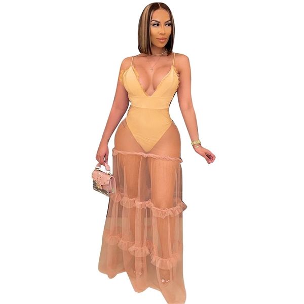 Robe décontractée pour femmes sexy spaghetti sangle maille col en v été long maxi voir à travers la plage lâche tenues non définies 210525